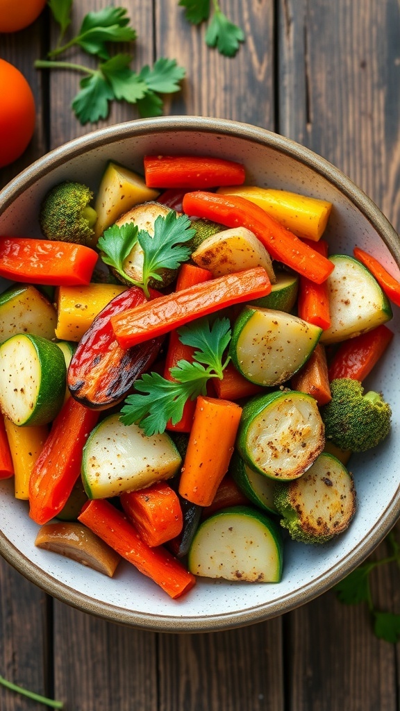 Healthy Air Fryer Vegetable Medley A colorful bowl of air-fried vegetables including bell peppers, zucchini, carrots, and broccoli, garnished with parsley.